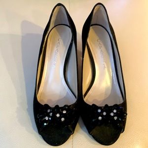 CAPARROS PEEP TOE KITTEN HEELS 7.5 BLACK GLITTER Glam RHINESTONE Formal Wedding